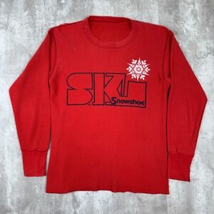 Vintage Ski Snowshoe Thermal Shirt Mens Medium Red Henley Long Sleeve 70s 80s